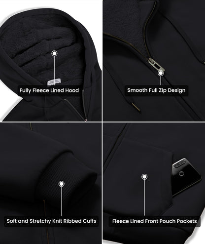 GEEK LIGHTING Hoodies for Men Heavyweight Fleece Sweatshirt - Full Zip Up Thick Sherpa Lined All black XL