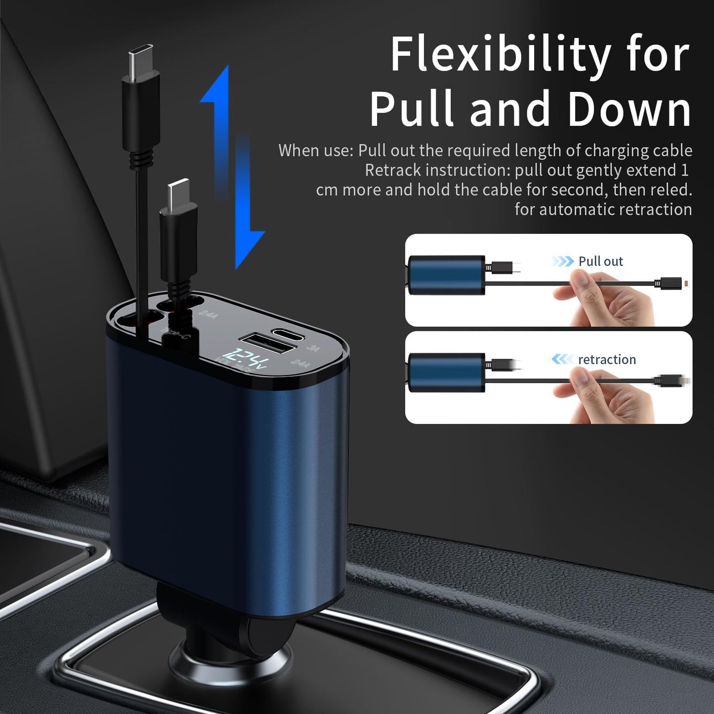 69W Fast Charging USB C Car Charger, 4-in-1 Retractable Phone Charger for iPhone 17, Travel Essentials, Gifts for Women Men, Car Accessories for Women Men, for iPhone 17 16 15 14 13, Galaxy, Pixel
