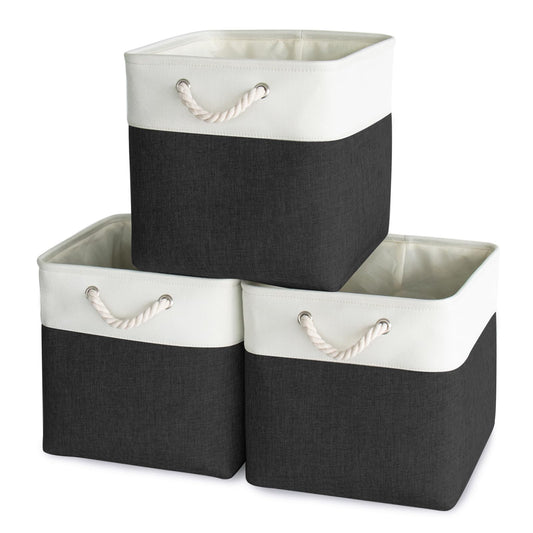 HOdo Home Fabric Storage Bin with Drawstring Closure and 2 Bold Handles, Collapsible Large Canvas Storage Baskets for Organizing Shelf Nursery Home Closet (Black&White, 13L×13W×13H - 3Pack)