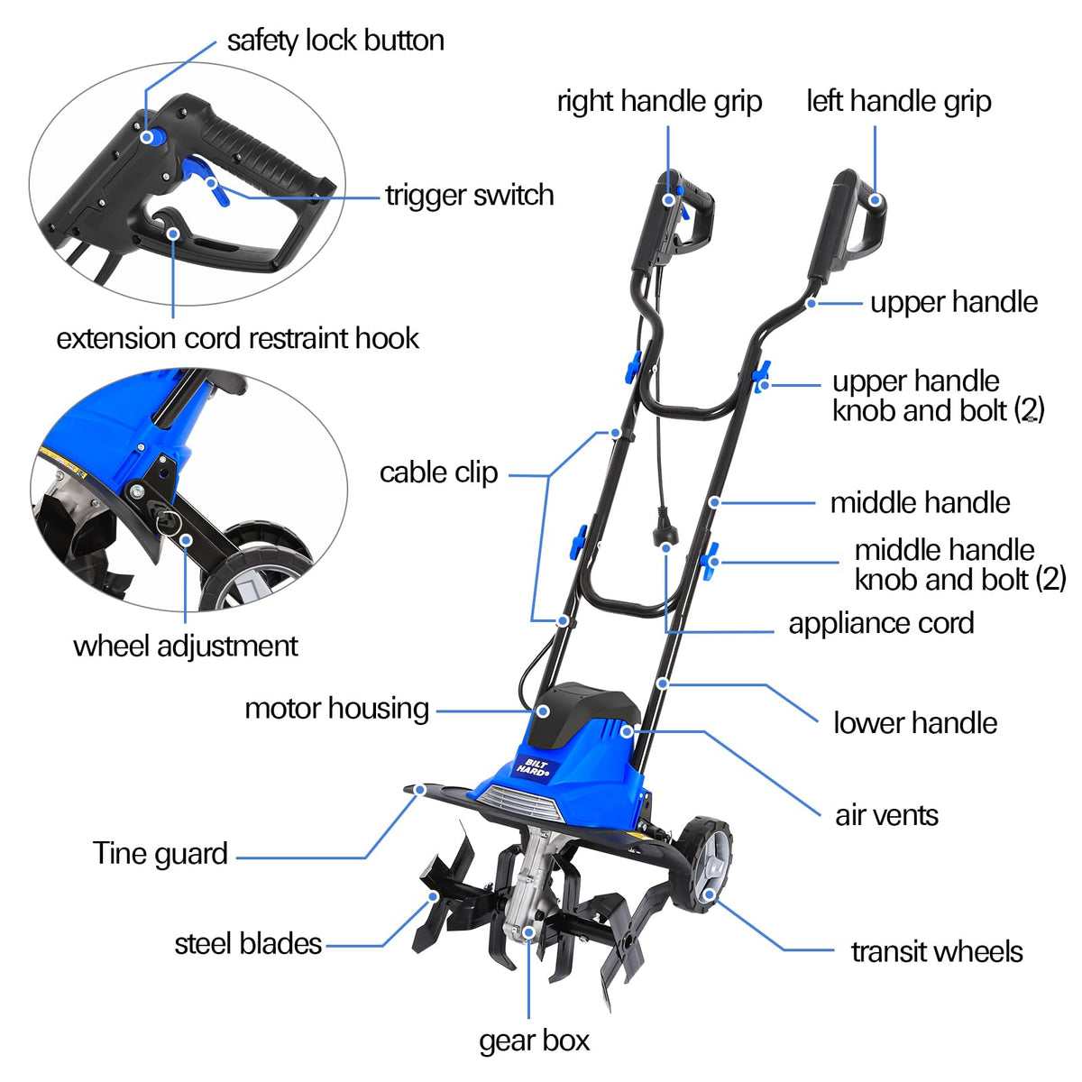 BILT HARD Electric Tiller Cultivator 14 inch, 10 Amp 4 Steel Tines Corded Tiller for Gardening with Foldable Handle, Portable Garden Rototiller with Adjustable Wheels