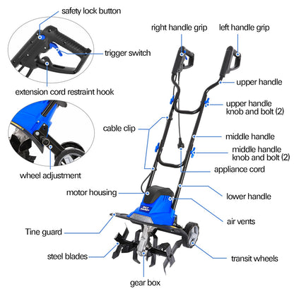 BILT HARD Electric Tiller Cultivator 14 inch, 10 Amp 4 Steel Tines Corded Tiller for Gardening with Foldable Handle, Portable Garden Rototiller with Adjustable Wheels