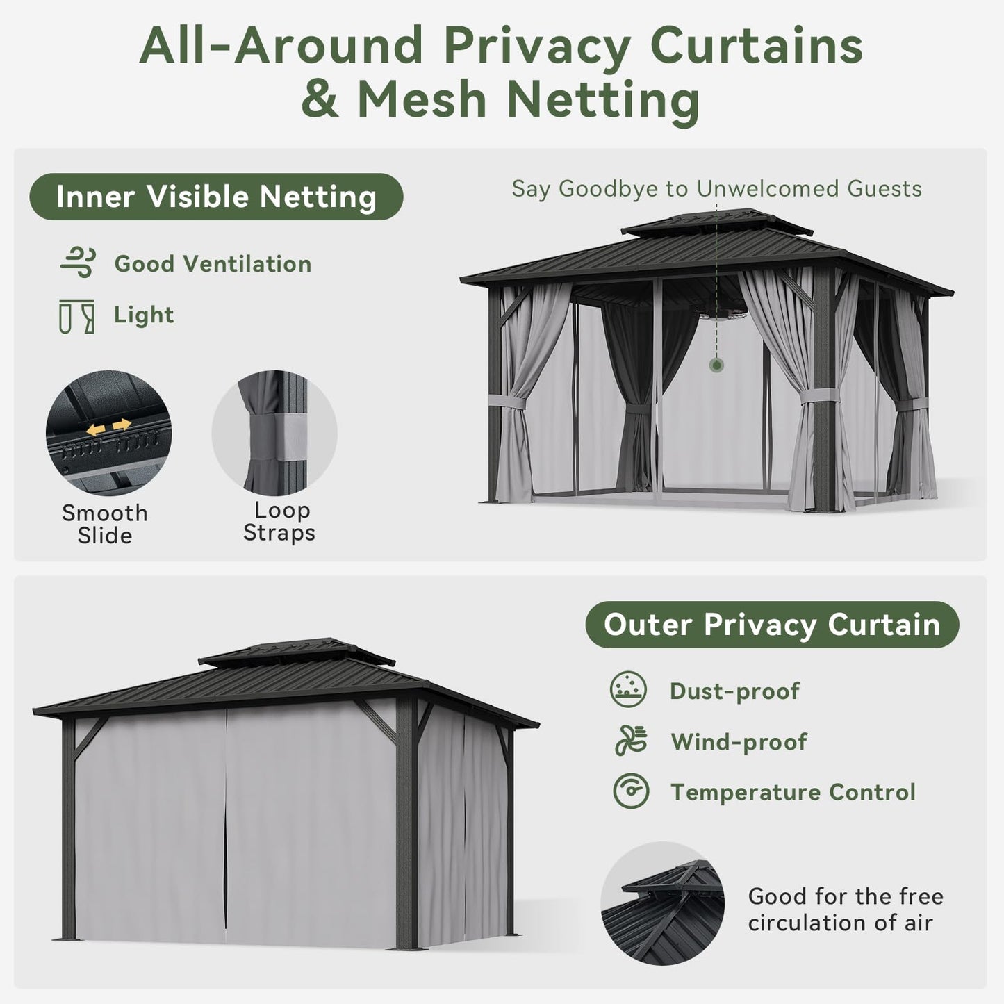 Aoxun Hardtop Gazebo 10x12, Aluminum Frame Canopy with Double Galvanized Steel Roof, Outdoor Gazebo with Breathable Netting and Privacy Curtain for Backyard
