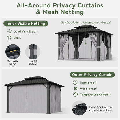 Aoxun Hardtop Gazebo 10x12, Aluminum Frame Canopy with Double Galvanized Steel Roof, Outdoor Gazebo with Breathable Netting and Privacy Curtain for Backyard