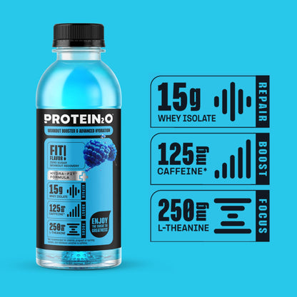 Protein2o 15g Whey Protein Isolate Hydration Drink Plus Energy & Focus, 350mg of Electrolytes, 125mg of Caffeine, Sugar Free, Blue Raspberry, 16.9 oz Bottle (Pack of 12)