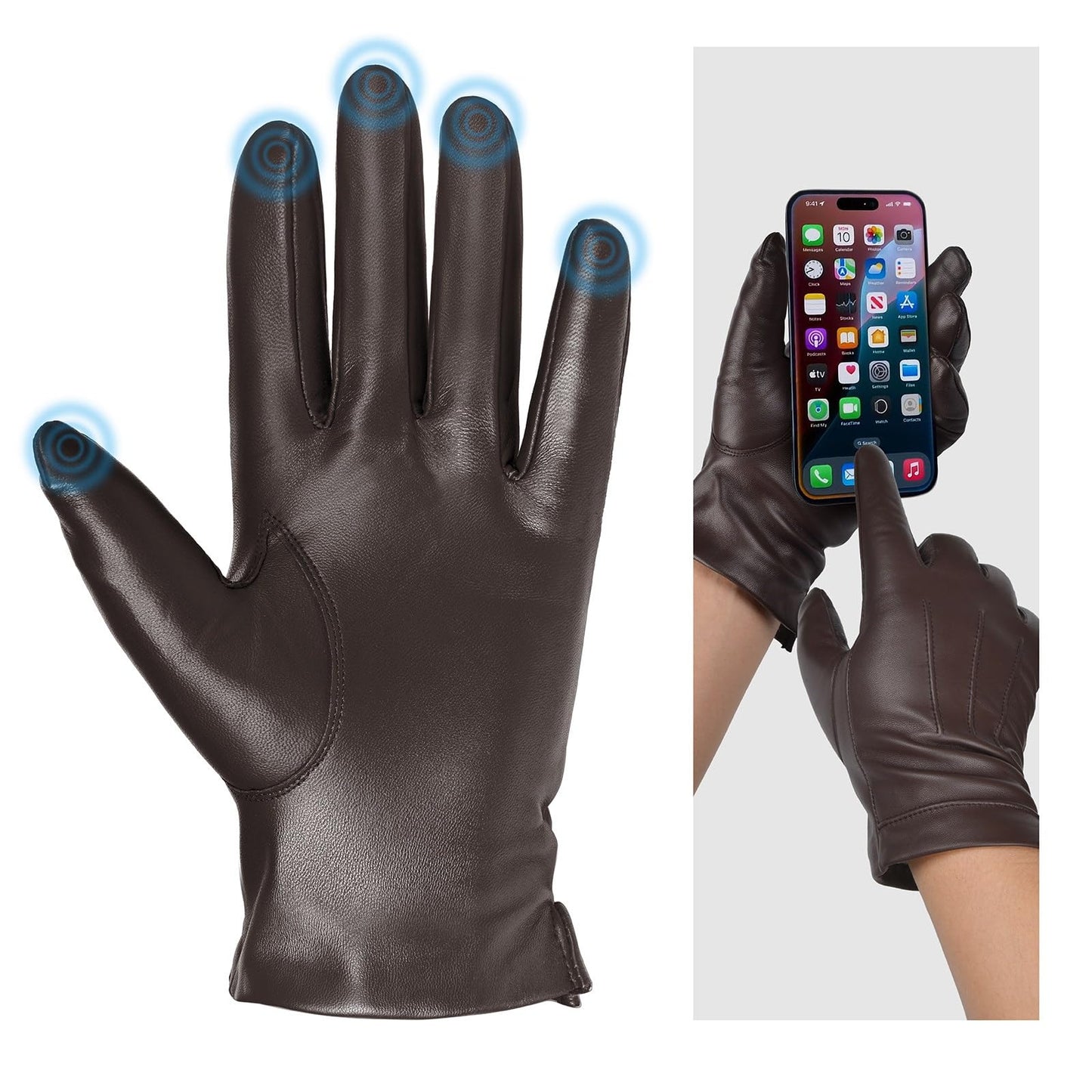 Harssidanzar Mens Leather Gloves Genuine Sheepskin Cashmere Lined Warm Touchscreen Texting Gloves SM052US (Brown(touchscreen), L)