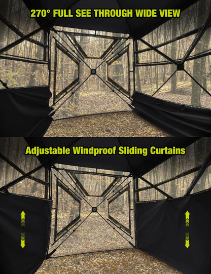 TIDEWE Hunting Blind 270°Full See Through with Windproof Curtain, Silent Magnetic Door & Sliding Windows, 2-3 Person Pop Up Ground Blind with Carrying Bag, 300D Portable Tent(Camouflage)
