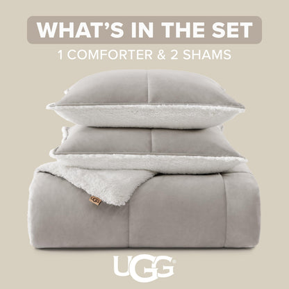 UGG Blissful Queen Comforter Set with 2 Pillow Shams, Reversible Quilted Bed Comforter, Ultra Warm Winter Bed Set, Down Alternative Bedding, Full/Queen Size, Seal Grey
