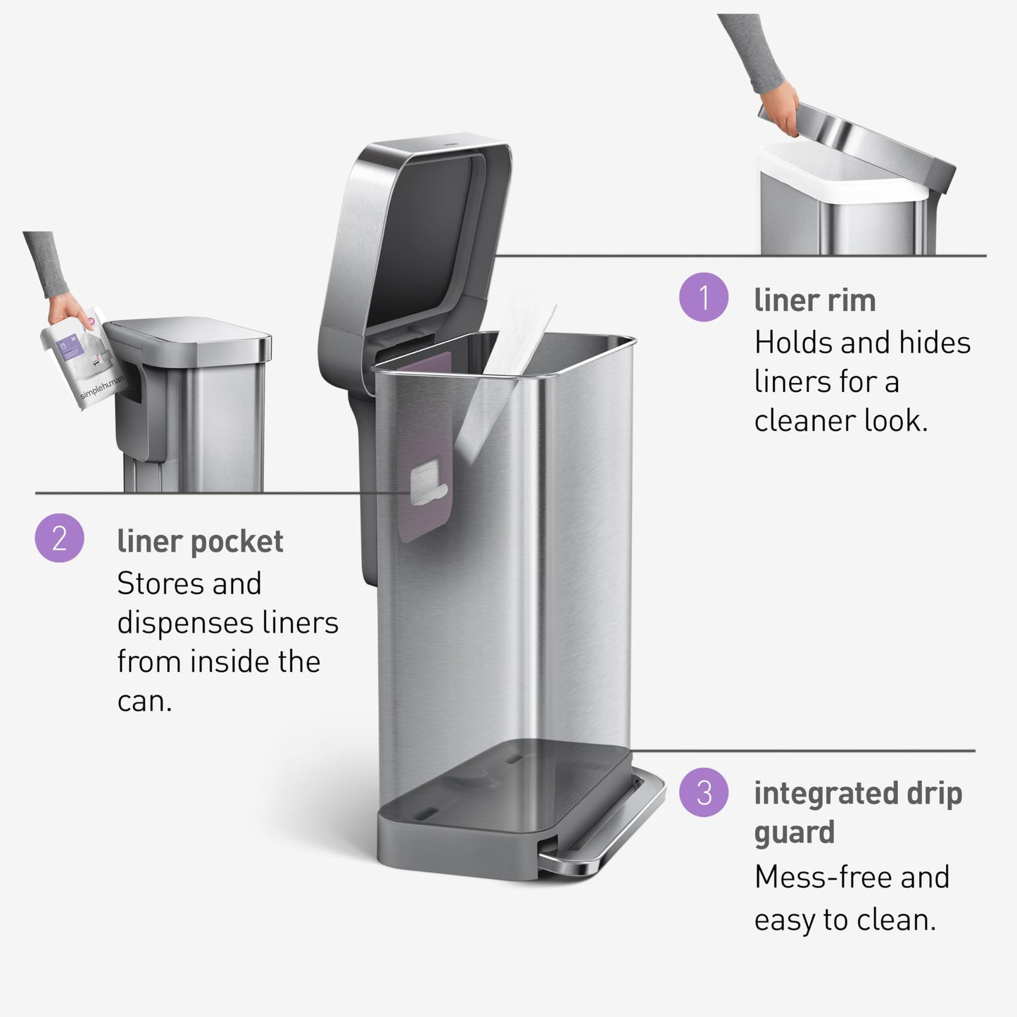 simplehuman 45 Liter / 12 Gallon Liter Rectangular Hands-Free Kitchen Step Trash Can with Soft-Close Lid, Brushed Stainless Steel with Plastic Lid