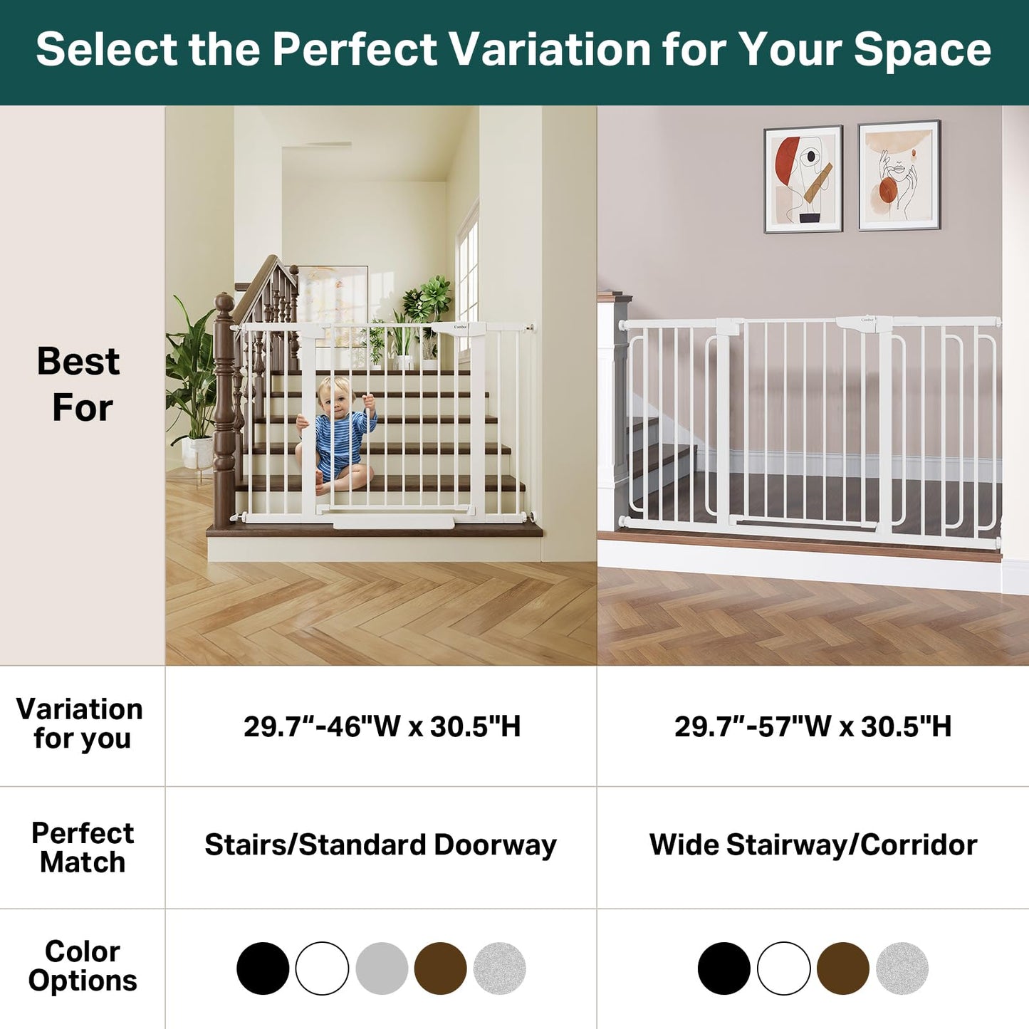 Cumbor 29.7-46" Baby Gate for Stairs, Toddler Safety Essentials for The House, Auto Close Dog Gate for Doorways, Mom's Choice Awards Winner-Easy Install Pressure Mounted Pet Gates for Dogs, White