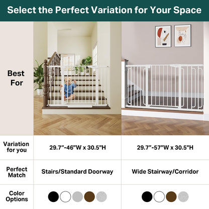 Cumbor 29.7-46" Baby Gate for Stairs, Toddler Safety Essentials for The House, Auto Close Dog Gate for Doorways, Mom's Choice Awards Winner-Easy Install Pressure Mounted Pet Gates for Dogs, White
