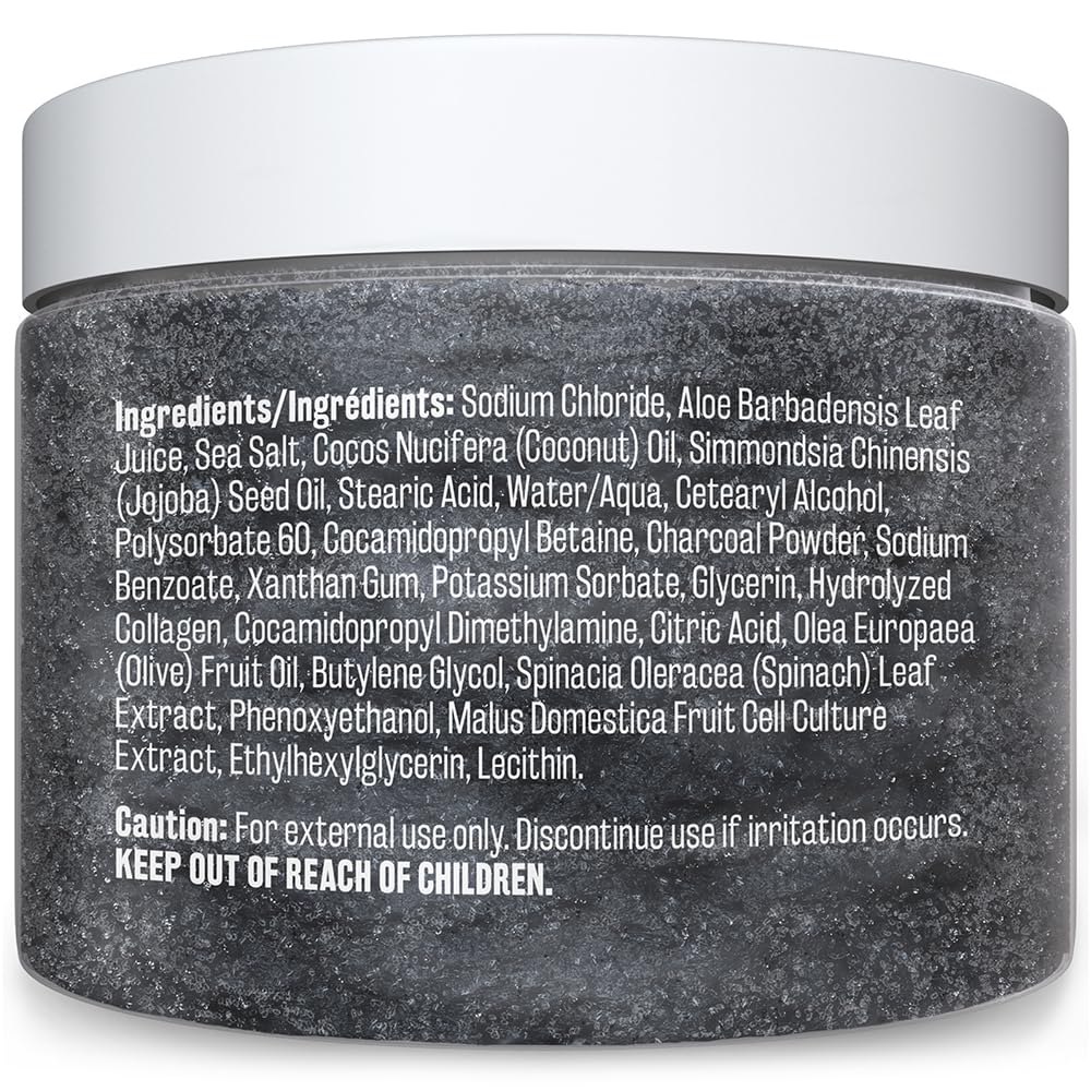 Exfoliating Charcoal Scrub with Collagen & Stem Cells – Salt Scrub for Body Toning, Cellulite, Armpit Detox, and Skin Smoothing for Face, Feet, and Body by M3 Naturals.