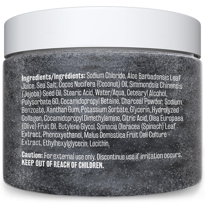 Exfoliating Charcoal Scrub with Collagen & Stem Cells – Salt Scrub for Body Toning, Cellulite, Armpit Detox, and Skin Smoothing for Face, Feet, and Body by M3 Naturals.