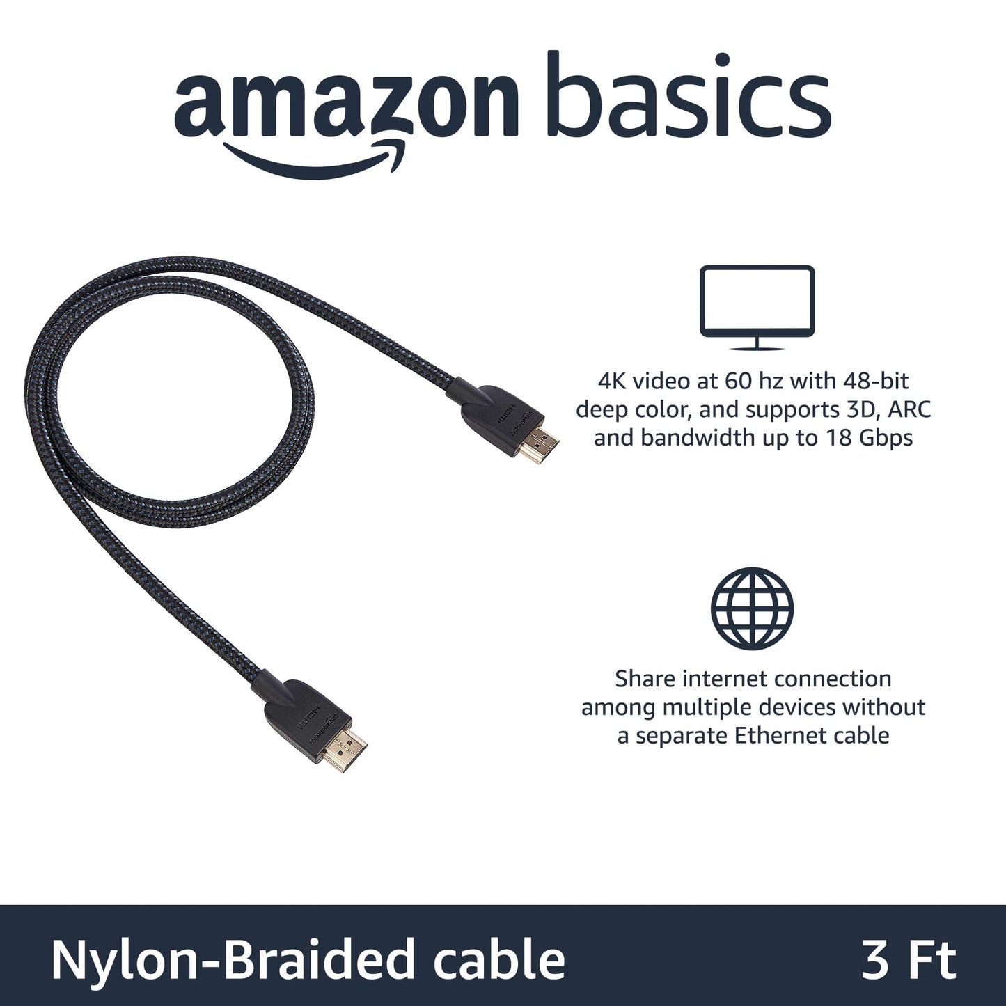 Amazon Basics HDMI Cable 3ft, 4K HDMI 2.0 Cord (18Gbps), Nylon-Braided, 4K@60Hz, 2160p, 48 bit, Compatible with TV/PS5/Xbox/Roku, Black & Blue