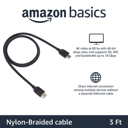 Amazon Basics HDMI Cable 3ft, 4K HDMI 2.0 Cord (18Gbps), Nylon-Braided, 4K@60Hz, 2160p, 48 bit, Compatible with TV/PS5/Xbox/Roku, Black & Blue