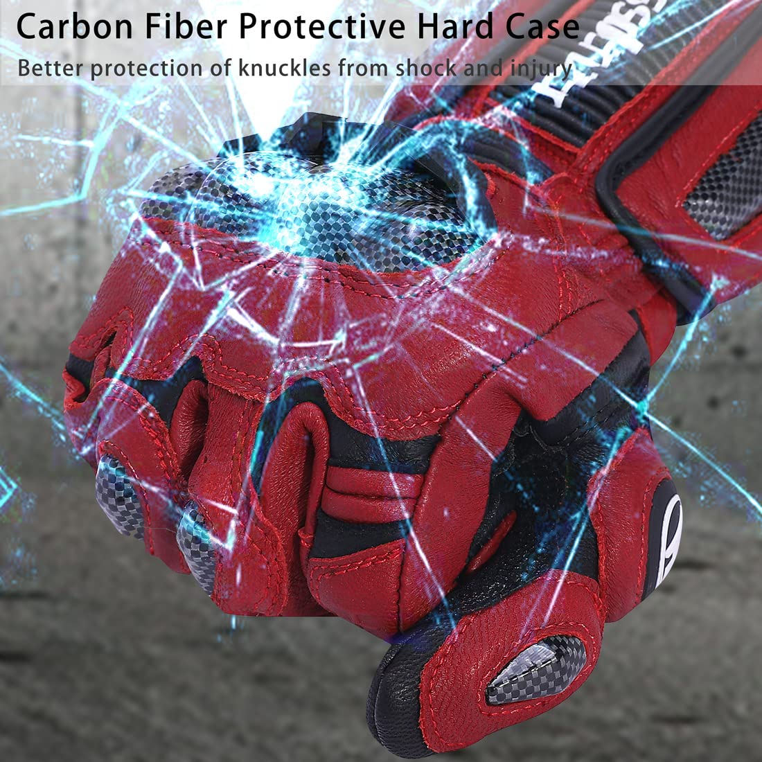 Harssidanzar Leather Motorcycle Gloves for Men and Women,Powersports Carbon Fiber Knuckle Protection Motorbike Gloves KM045,Oxblood/Black,Size XL