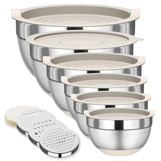 Fyrnova Mixing Bowls with Lids Set, 6 Piece Stainless Steel Nesting Storage Bowls for Kitchen, with 3 Grater Attachments & Non-Slip Bottoms, Size 5.5,3.5,2.5,2.1,1.5,1.1 QT