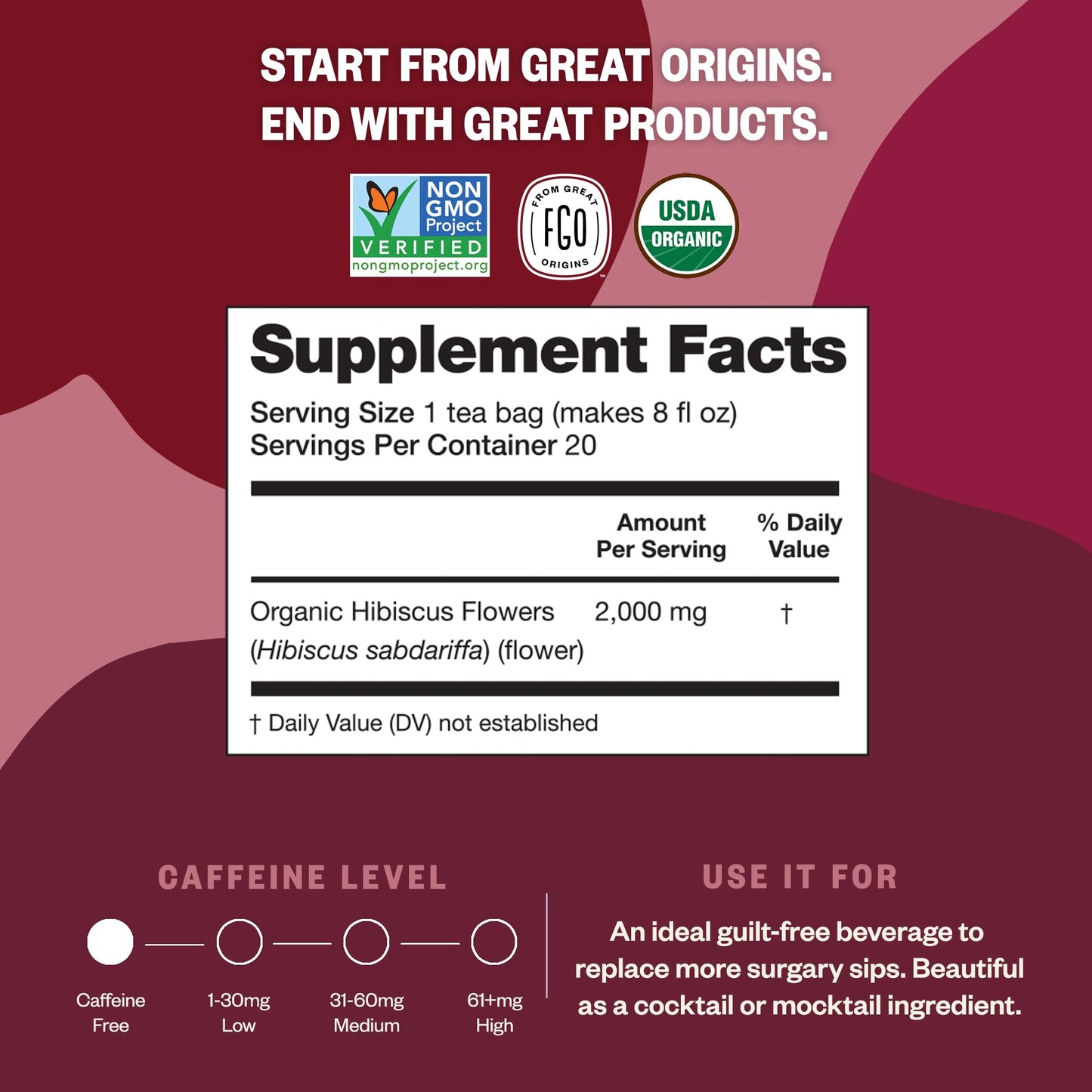 FGO Organic Hibiscus Tea, 100 Count, Eco-Conscious Tea Bags, Caffeine Free, Packaging May Vary (Pack of 1)