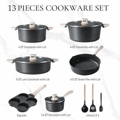 CAROTE Nonstick Pots and Pans Set, Cookware Set Induction Kitchen Cooking Set w/Stock pot & Saucepans, CLassic Black 13pcs