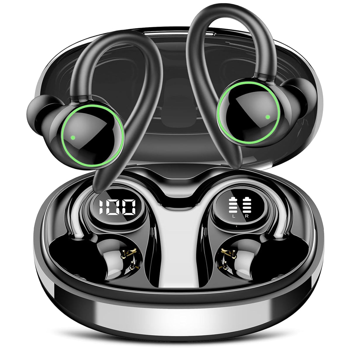 Wireless Earbuds, Bluetooth 5.3 Headphones Sport, Over Ear Buds With ENC Noise Cancelling Mic, 48H, Wireless Earphone With Earhooks, Stereo Deep Bass, IP7 Waterproof Headset for Workout Running, Black