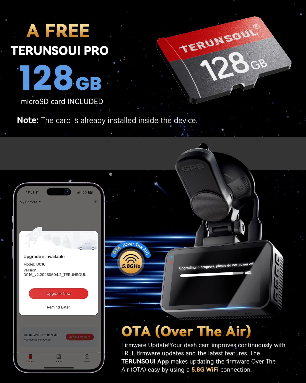 TERUNSOUl 4K+4K Dash Cam Front and Rear, Free 128GB Card Included, 5.8GHz WiFi Dash Camera for Cars, Built-in GPS, G-Sensor, 170°Wide Angle, 3" IPS Screen, 24H Parking Mode, Support 512GB Max