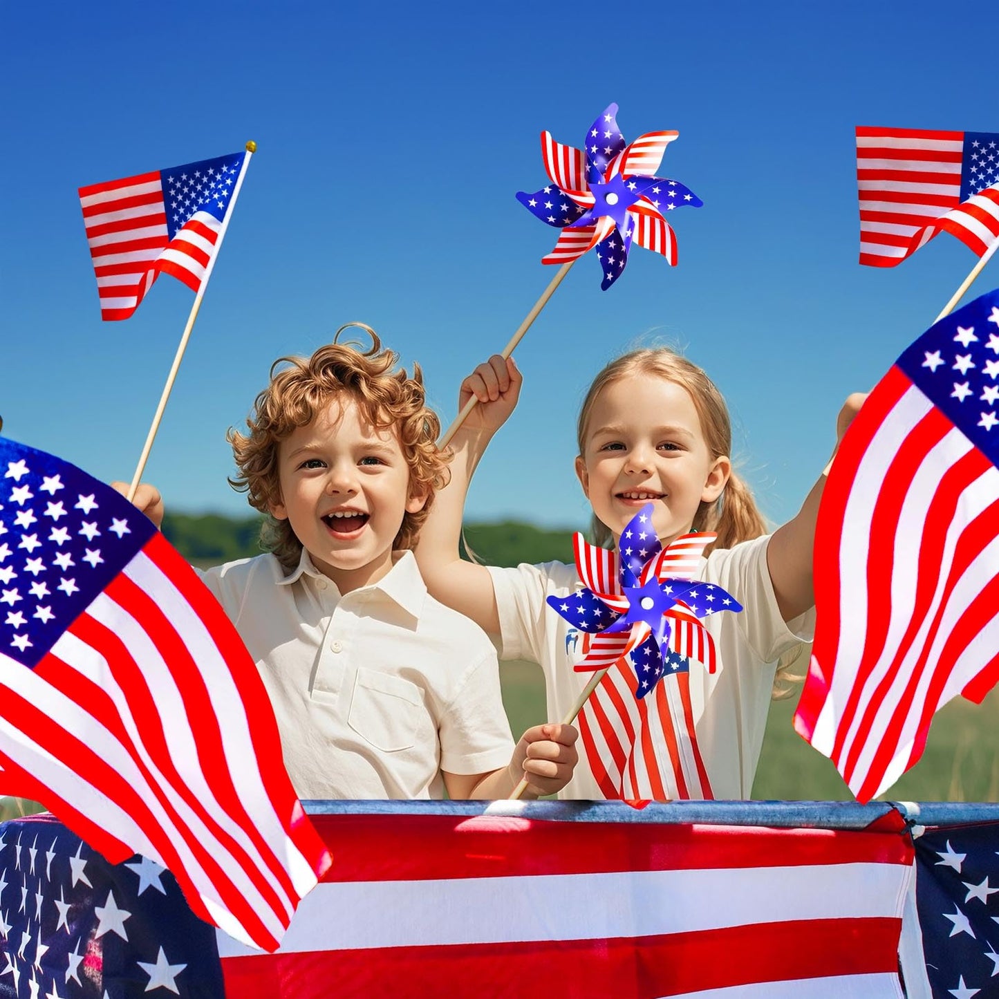 36 Pcs 4th of July Decorations, Patriotic Memorial Day Pinwheels and Flags Small Fourth of July Red White and Blue Labor Day Windmills Independence Day Parade Outdoor Yard Garden Party Decor