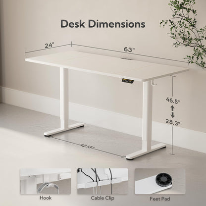 Claiks Electric Standing Desk, Adjustable Height Stand up Desk, 63x24 Inches Sit Stand Home Office Desk with Splice Board, White Frame/White Top