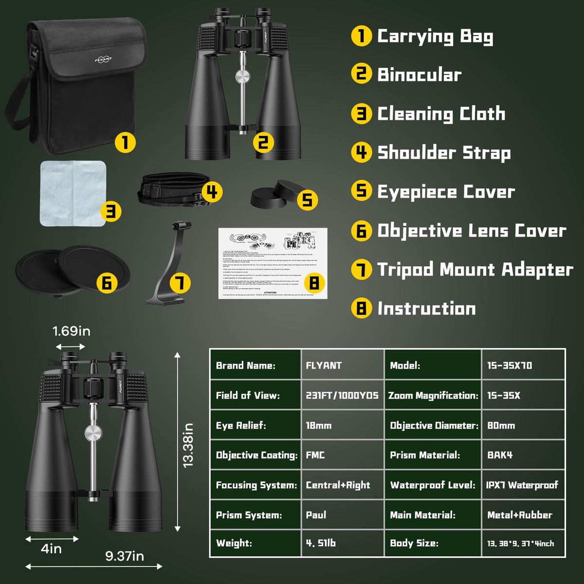15-35x80 Astronomy Binoculars for Adults, High Powered 35x Zoom HD for Stargazing & Bird Watching, Waterproof Binocular with Tripod Adapter, Ideal Essentials for Cruise Ship, Travel, Camping, Hunting