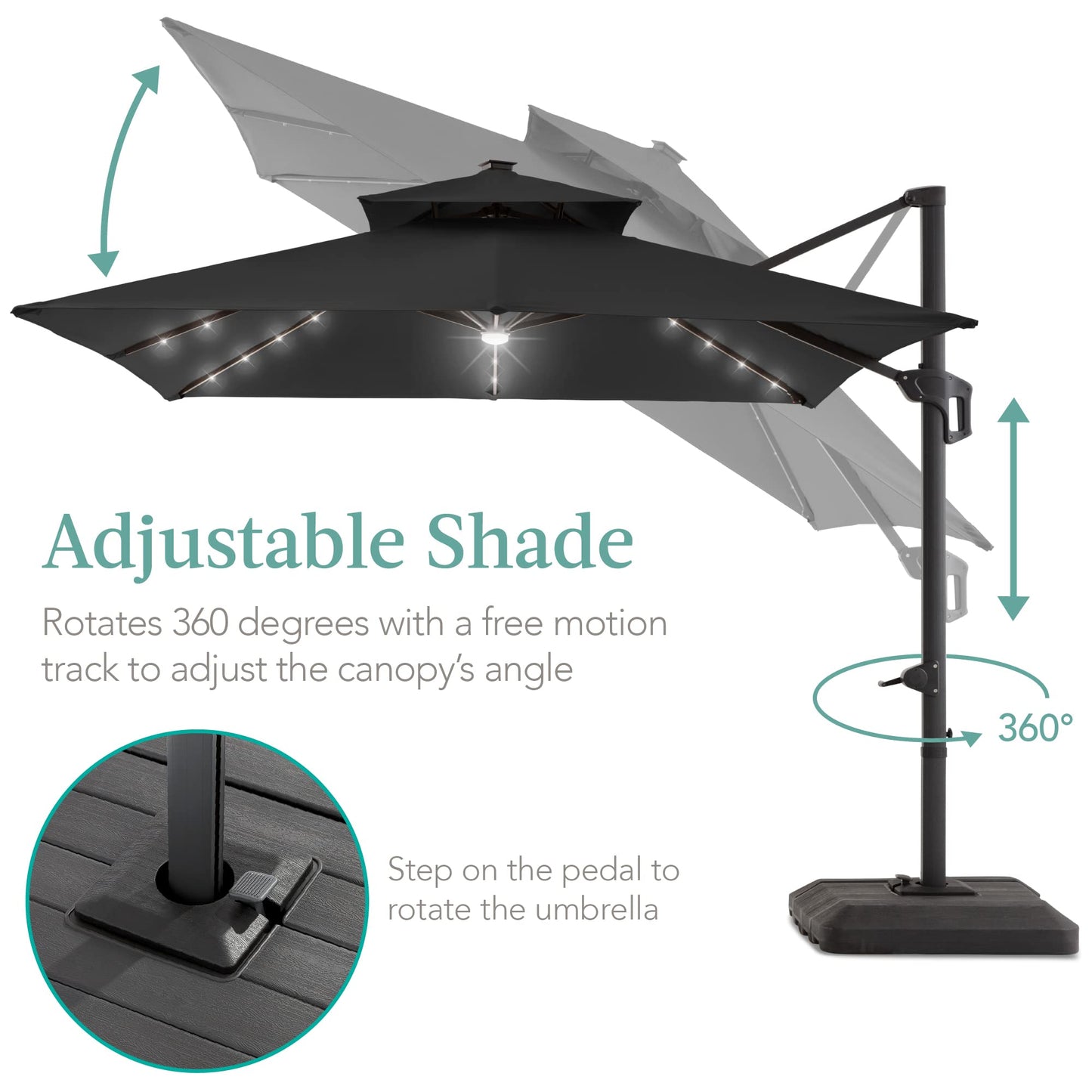 Best Choice Products 10x10ft Cantilever Patio Umbrella w/Base Included, Solar LED Lights 360 Rotation Large Offset Hanging Outdoor Shade for Deck Pool Backyard w/Stand – Gray