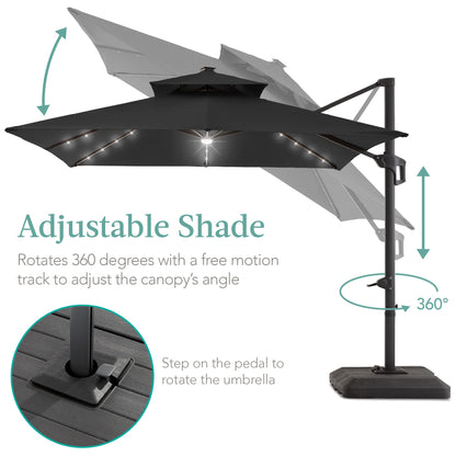 Best Choice Products 10x10ft Cantilever Patio Umbrella w/Base Included, Solar LED Lights 360 Rotation Large Offset Hanging Outdoor Shade for Deck Pool Backyard w/Stand – Gray
