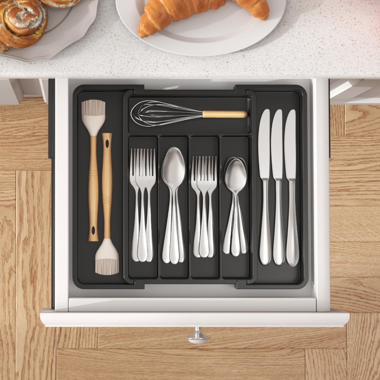 Lifewit Silverware Drawer Organizer, Expandable Utensil Tray for Kitchen, BPA Free Flatware and Cutlery Holder, Adjustable Plastic Storage for Spoons Forks Knives, 8.5"-14.1" x 12.1", Black