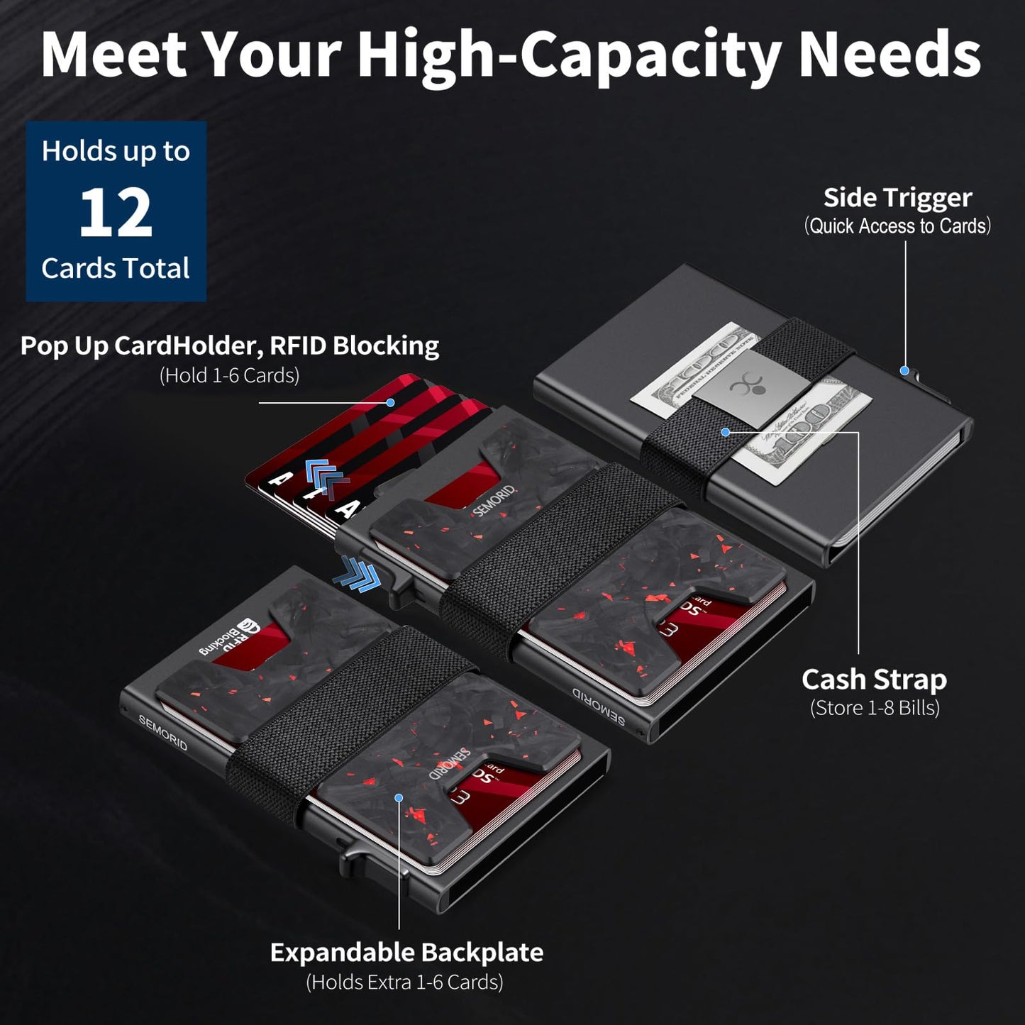 SEMORID Slim Wallet for Men, Minimalist RFID Blocking Mens Card Wallet - Pop Up Credit Card Holder, Thin Metal Case with Cash Band, Hold 12+ Cards