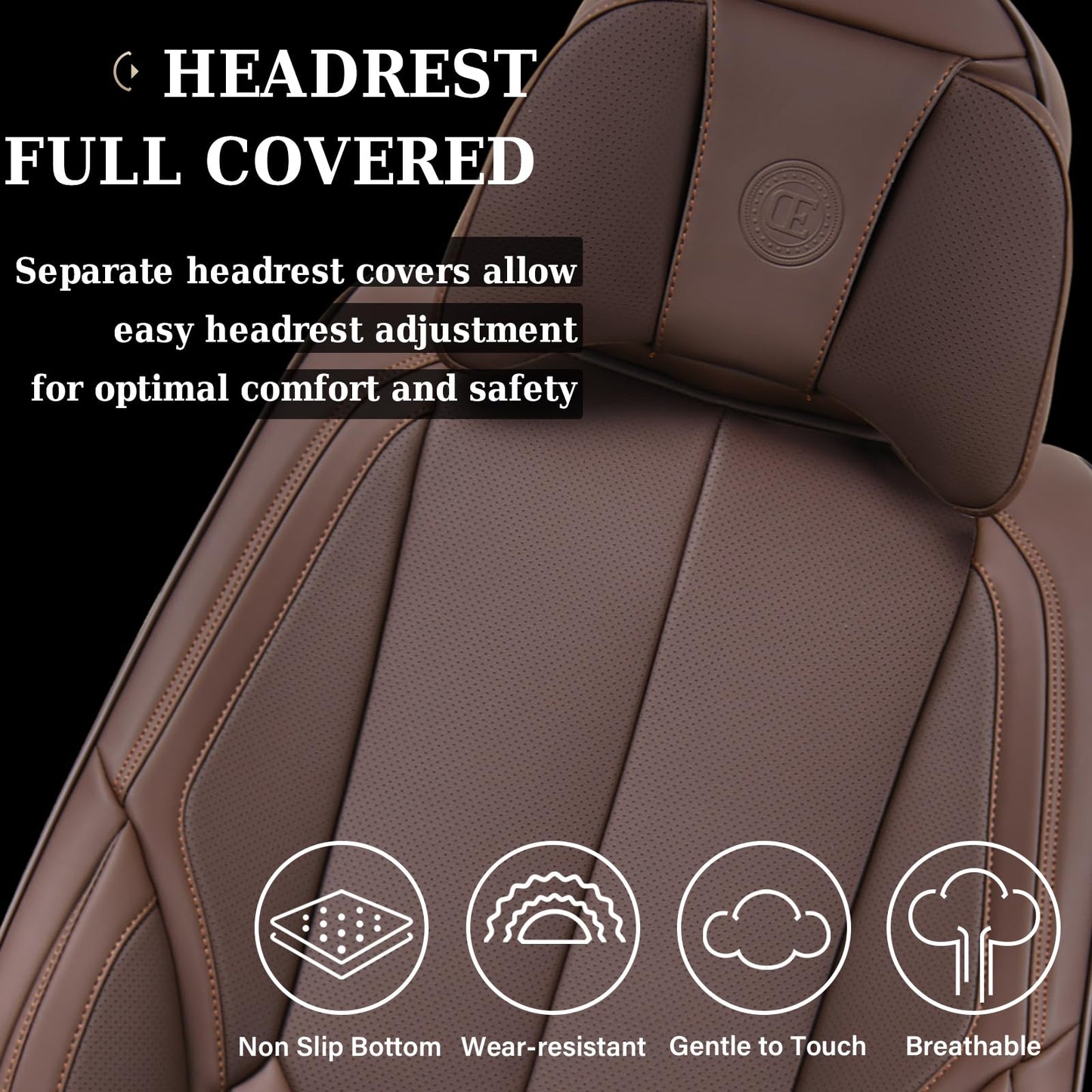 Coverado Front and Back Seat Covers 5 Pieces, Waterproof Nappa Leather Auto Seat Protectors Full Set with Head Pillow, Universal Car Accessories Fit for Most Sedans SUV Pick-up Truck, Brown