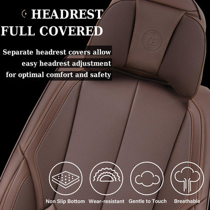 Coverado Front and Back Seat Covers 5 Pieces, Waterproof Nappa Leather Auto Seat Protectors Full Set with Head Pillow, Universal Car Accessories Fit for Most Sedans SUV Pick-up Truck, Brown