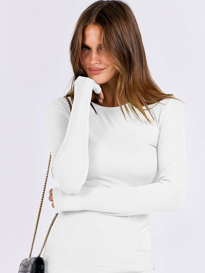 ANRABESS Women Long Sleeve Crewneck Rib Knit Slim Fit Shirts Basic Tee Tops 2025 Casual T-Shirt Going Out Workout Outfits White Medium