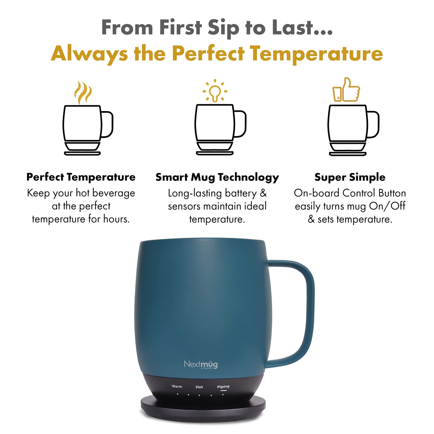 Nextmug - Temperature-Controlled, Self-Heating Coffee Mug (Slate Blue - 14 oz.)