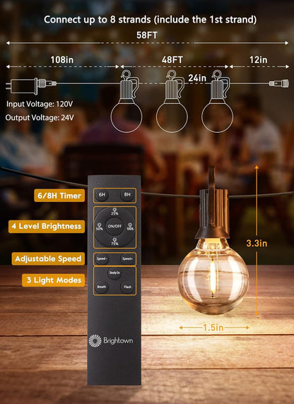Outdoor String Lights with Remote - 58 Ft Globe Patio Lights, 4 Lighting Modes, 25 LED G40 Bulbs Waterproof Connectable Commercial Hanging Lights for Backyard Party