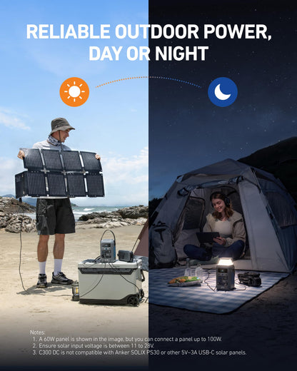 Anker SOLIX C300 DC Power Bank Station and 60W Solar Panel, 288Wh Portable Power Station, LiFePO4 Battery, 300W Solar Generator, for Outdoor, Camping, Traveling, and Emergencies