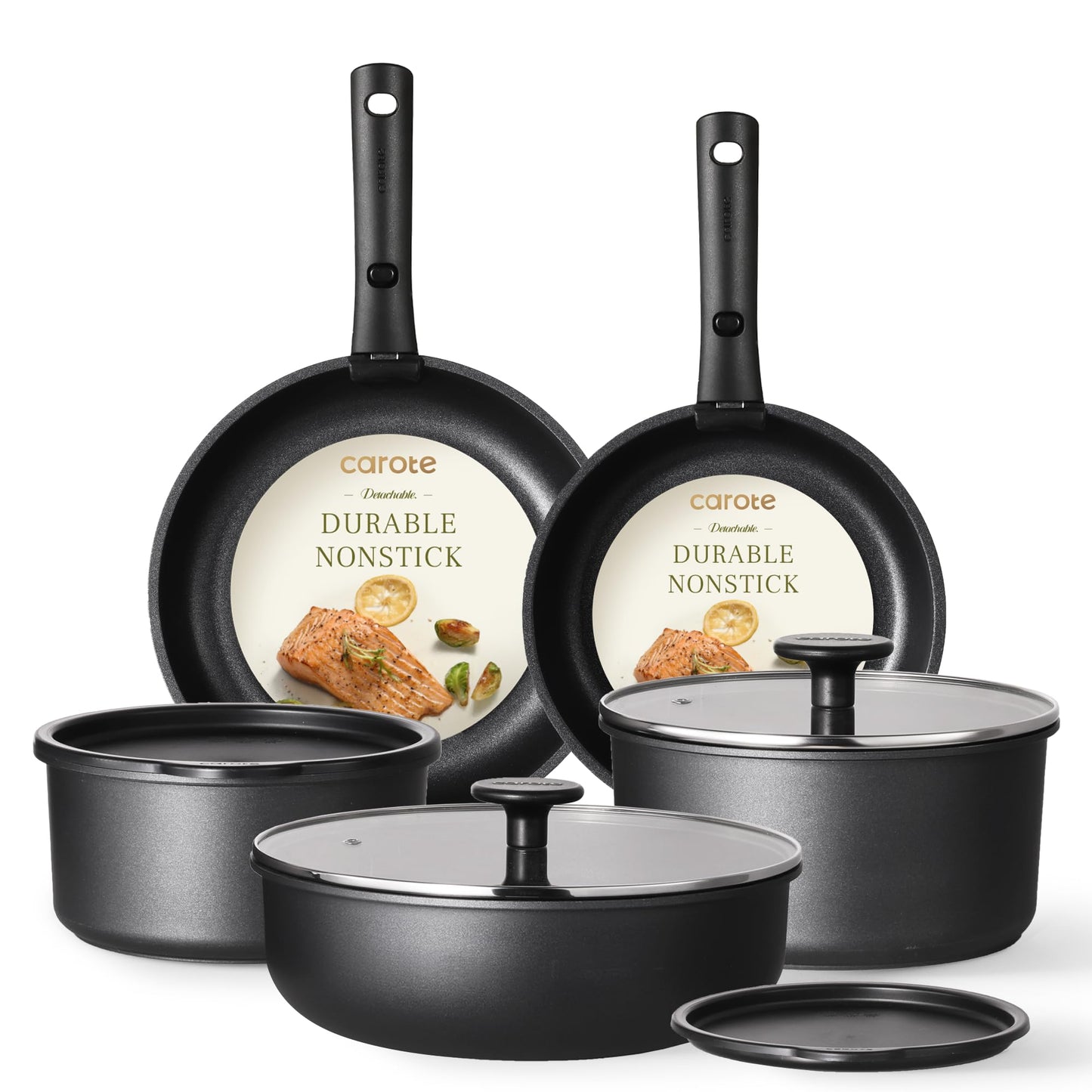 CAROTE Pots and Pans Set Non Stick, Cookware Set Detachable Handle, Nonstick Induction Kitchen Sets Non Stick with Removable Handle, RV Cook Ware, Oven Safe, Black