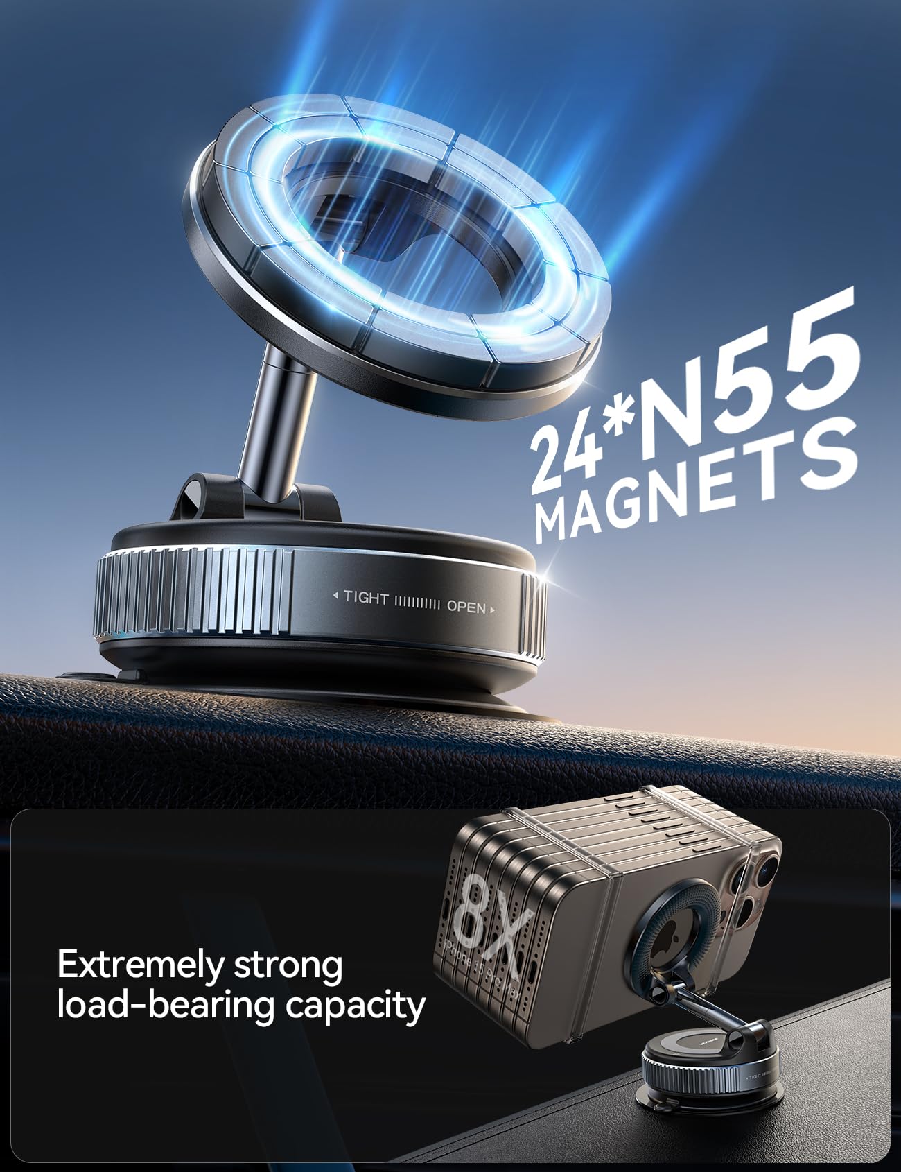 JOYROOM Magsafe Car Mount, Car Mount for iPhone with Strong Magnet, 360° Metal Strut Vacuum Suction Cup Phone Mount for iPhone 17 Air Pro Max/16 15 14 13 12 Series& Android Magsafe Case, Dark Blue