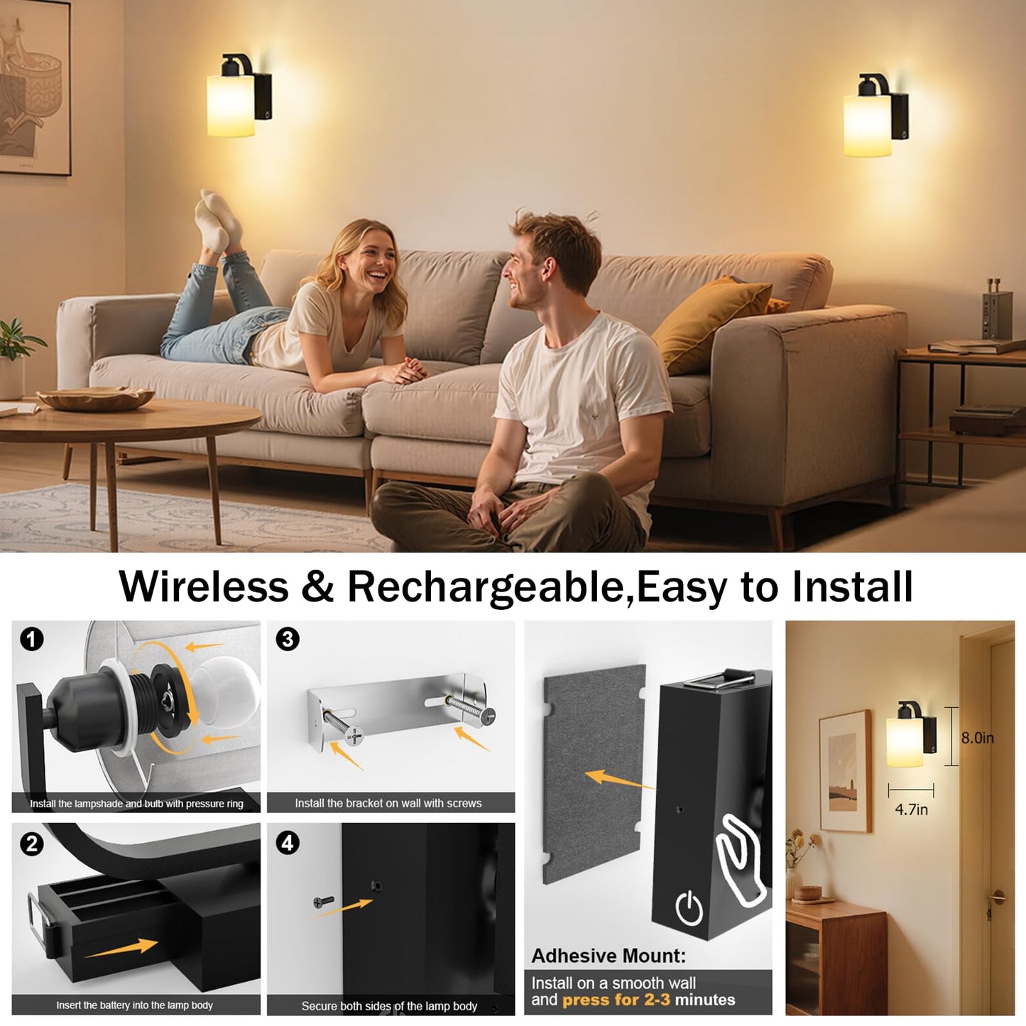 iThird Wall Sconce Battery Operated Set of 2, 6000mAh Rechargeable Wall Lights with Touch Control and Remote Control, Wireless Wall Lamps for Bedroom, Black Sconces Wall Decor for Living Room Hallway