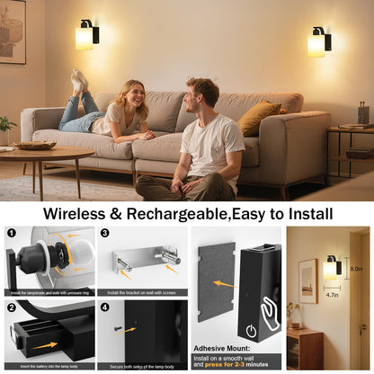 iThird Wall Sconce Battery Operated Set of 2, 6000mAh Rechargeable Wall Lights with Touch Control and Remote Control, Wireless Wall Lamps for Bedroom, Black Sconces Wall Decor for Living Room Hallway