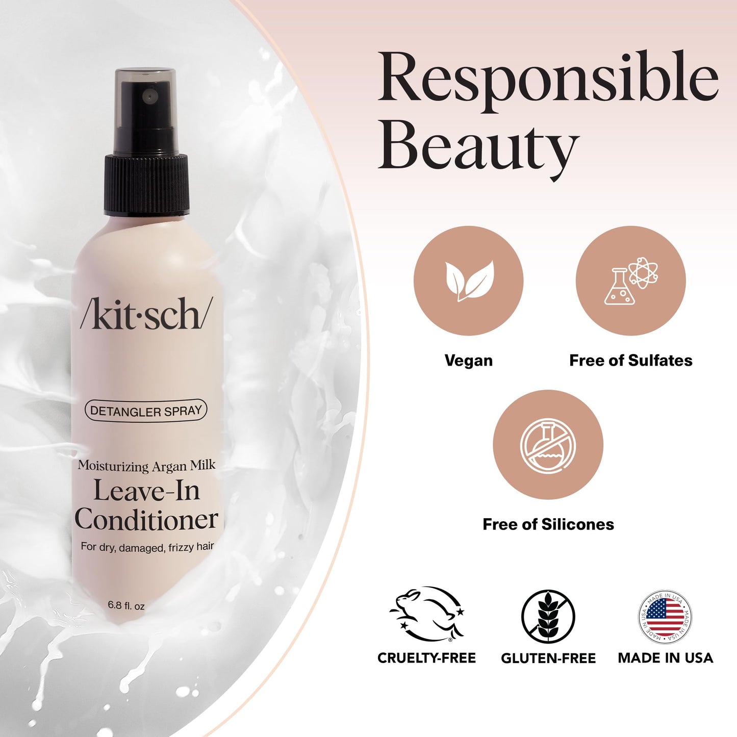 Kitsch Argan Milk Leave In Conditioner Spray – Lightweight Moisturizing Hair Spray for Women and Men - Hair Detangler Spray for Curly, Wavy, Fine, Dry & Damaged Hair - Silicone-Free - 6.8oz