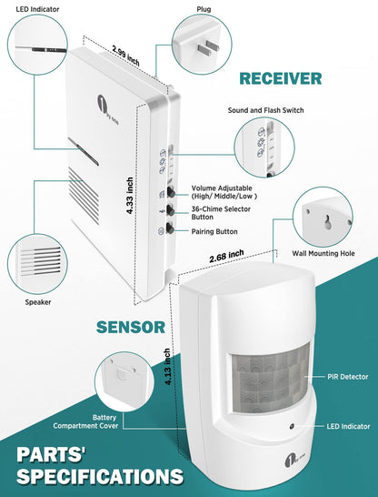 1byone Driveway Alarm, Home Security Alert System with 36 Melodies, 1 Plug-in Receiver and 2 Weatherproof PIR Motion Detector, 1000ft Wireless Transmission Range and 24ft PIR Detection Range