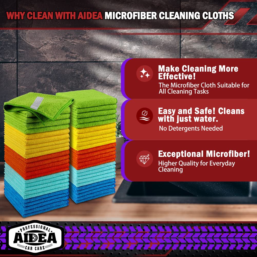 AIDEA Microfiber Cleaning Cloths, 50PK, Microfiber Towels for Cars, Premium All Purpose Car Cloth, Dusting Cloth Cleaning Rags, Absorbent Towels for SUVs, House, Kitchen, Window, 12"×12"