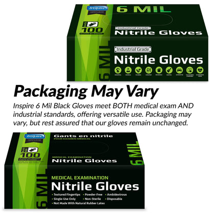 Inspire HEAVY DUTY 6Mil ORIGINAL Quality Stretch Nitrile Gloves Black Disposable Latex Free | Food, Industrial, Mechanic Tattoo (6Mil Black, Medium)