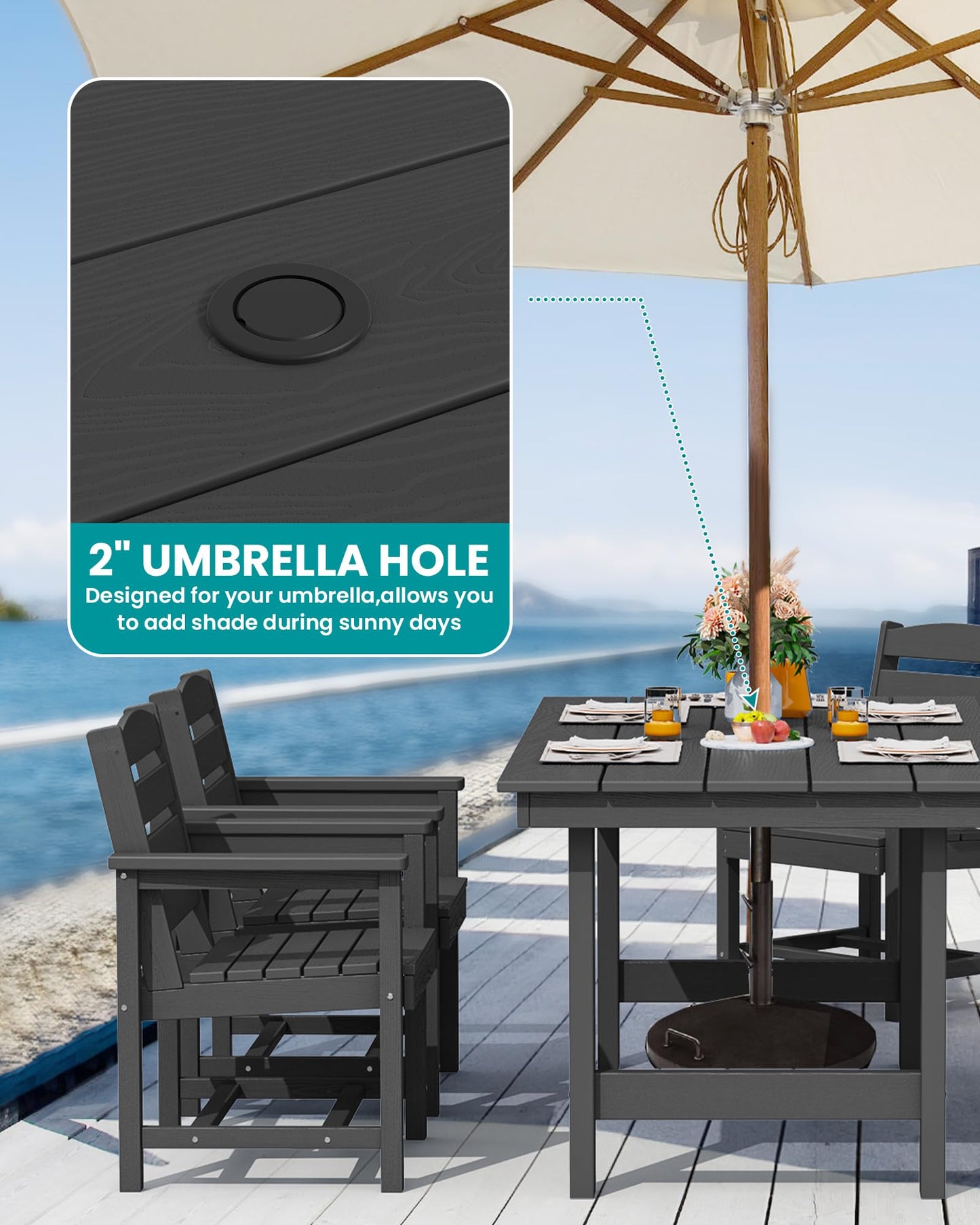 SERWALL 7-Piece Patio Dining Table Sets, Outdoor HDPE Dining Furniture Set with Umbrella Hole Cut-Out Table and 6 Chairs, Black