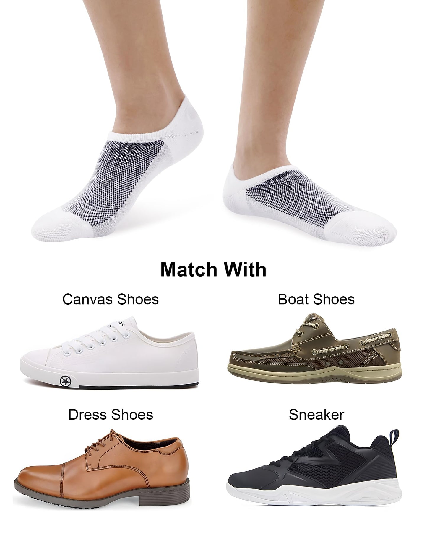 SIXDAYSOX Socks for Men No Show 8 Pairs Size 9-11 White Mesh Knit Low Cut Ankle Socks with Non Slip Grid for Flat Loafer Sneakers