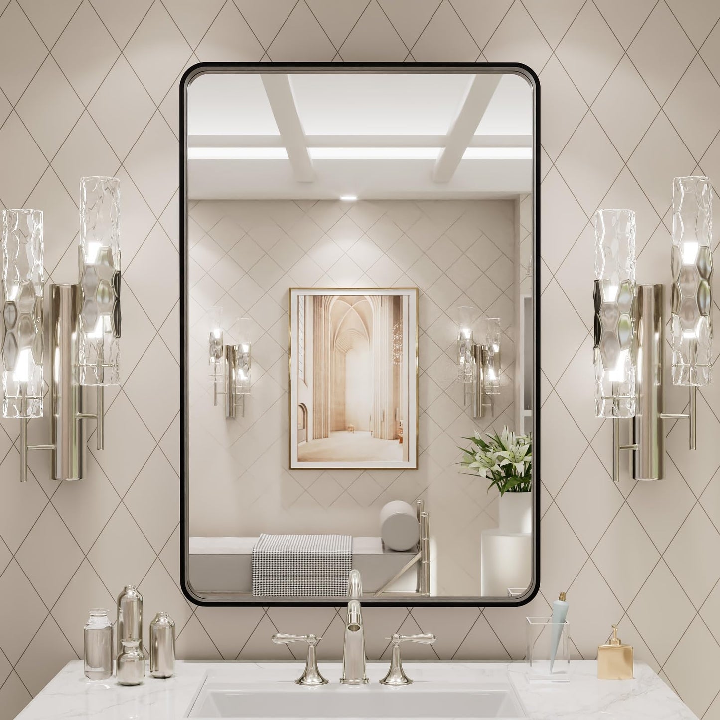 LOAAO 24X30 Inch Black Metal Framed Bathroom Mirror for Wall, Matte Black Bathroom Vanity Mirror Farmhouse, Large Rounded Rectangle Mirror, Anti-Rust, Hangs Horizontally or Vertically