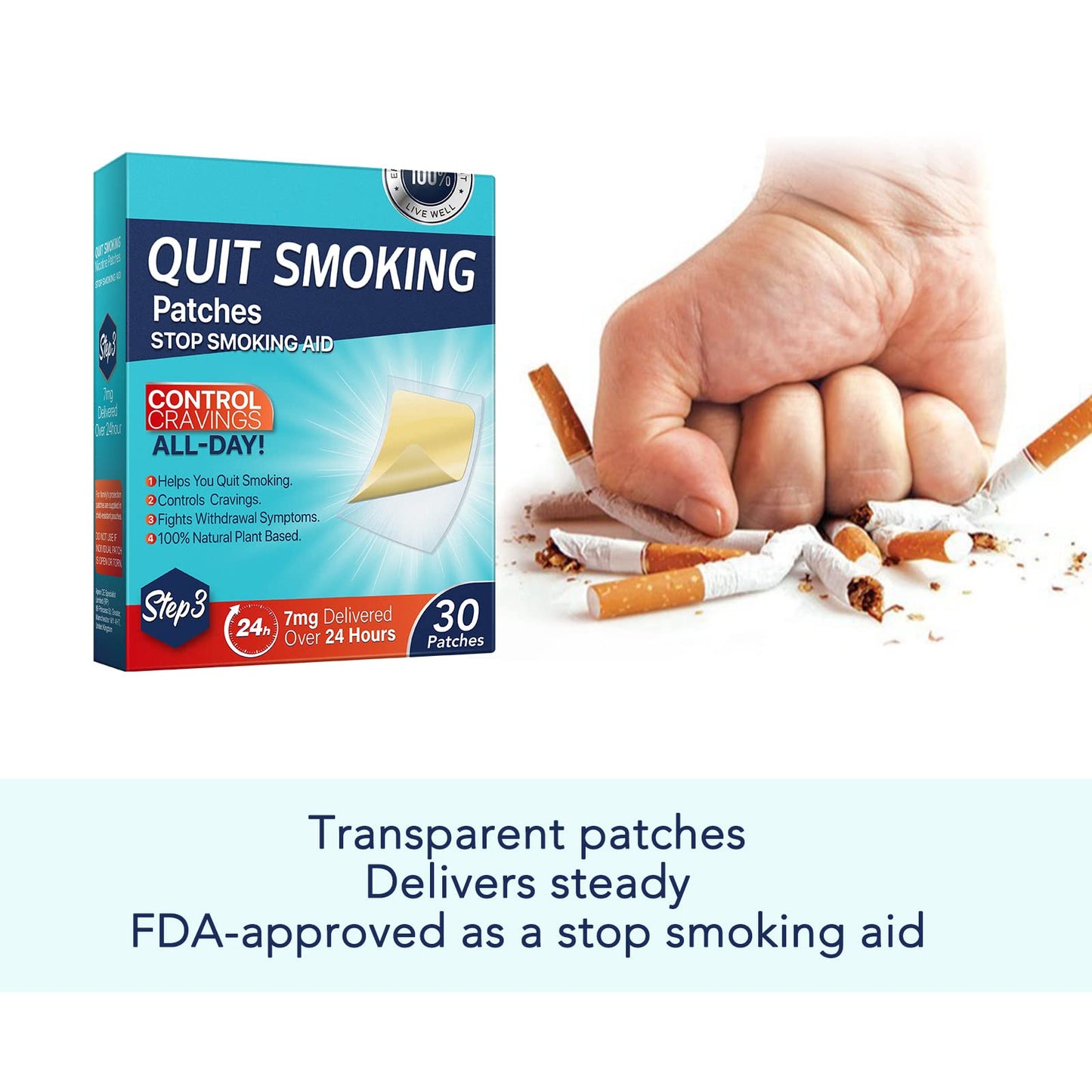 Step 3 Quit Smoking Patches, 7mg Stop Smoking Aids Patches, Easy & Effective Anti-Stickers, Helping Quit Patch, 30 Count Quit Smoking Stickers That Work with 2 Weeks