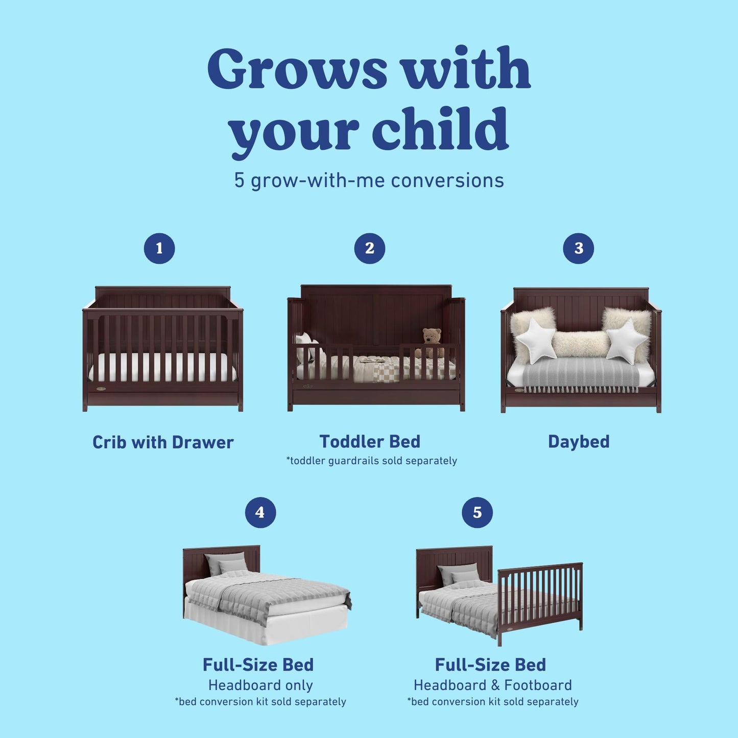 Graco Hadley 5-in-1 Convertible Crib with Drawer (Espresso) – GREENGUARD Gold Certified, Fits Standard Crib Mattress, Converts to Toddler Bed, Daybed and Full Bed, 4 Adjustable Mattress Heights